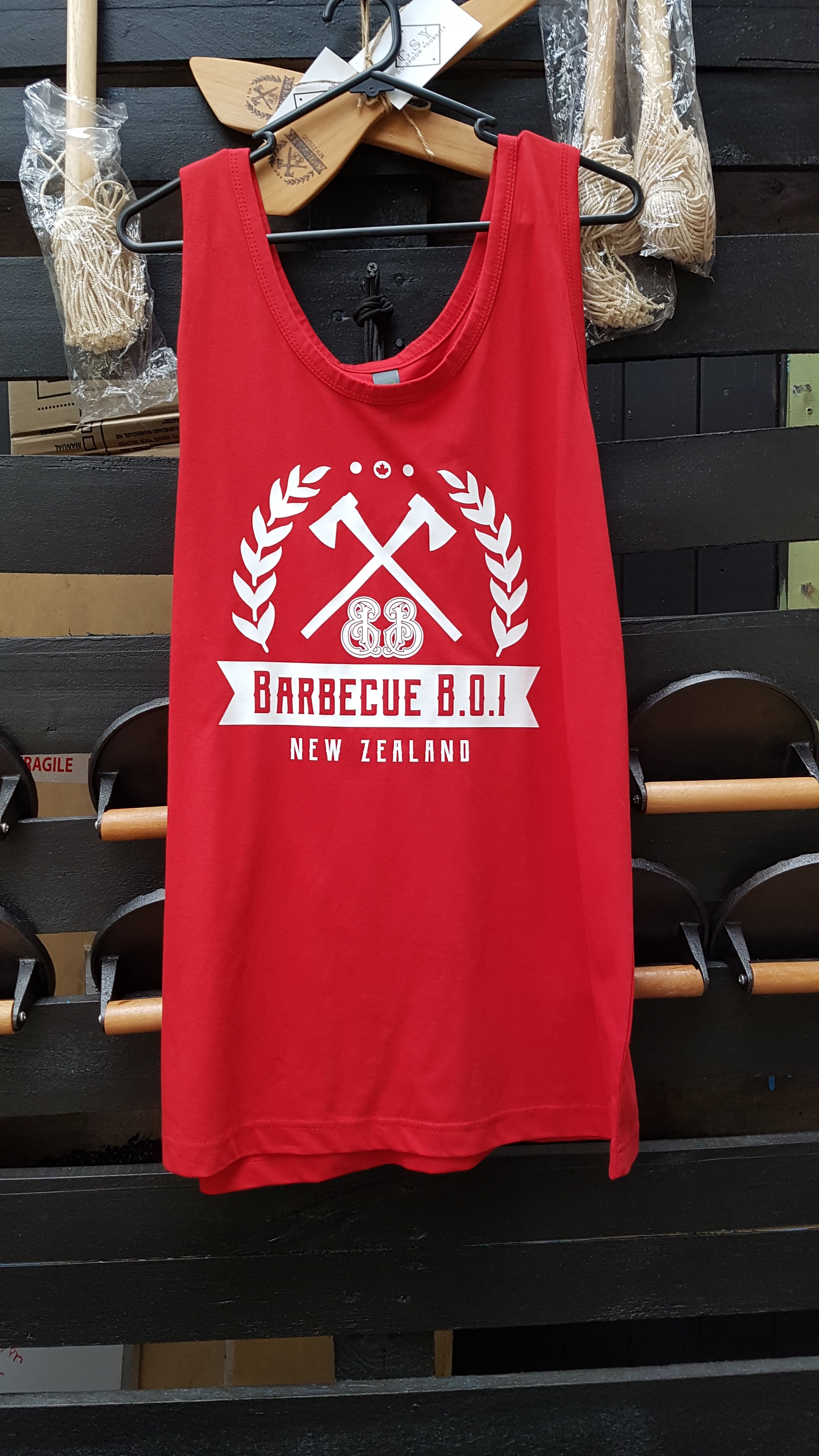 Barbecue B.O.I Red Singlet White Logo