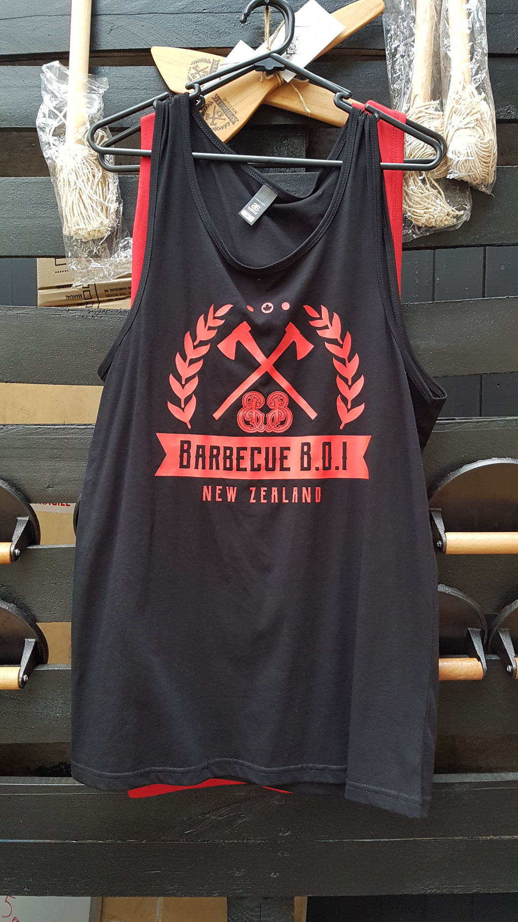 Barbecue B.O.I Black Singlet Red Logo