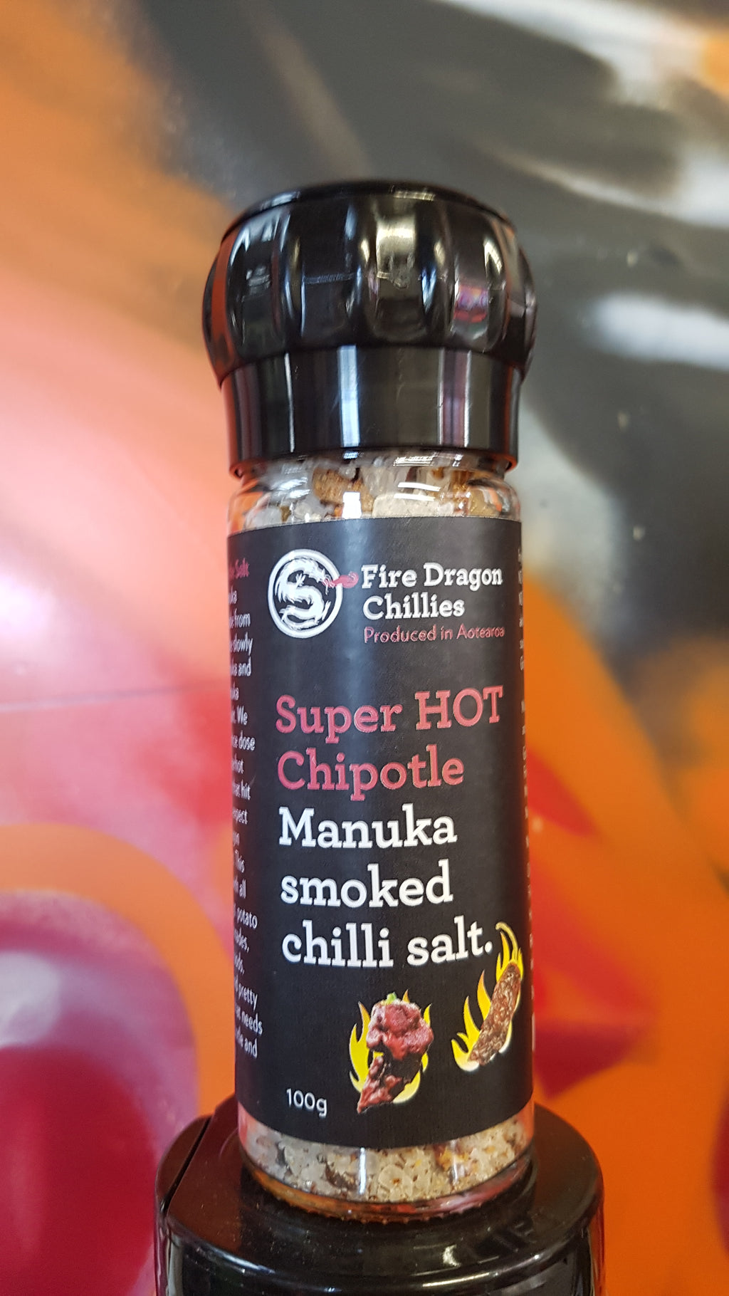 Super Hot Chipotle and Manuka Smoked Salt Grinder 100g by Fire Dragon Chillies