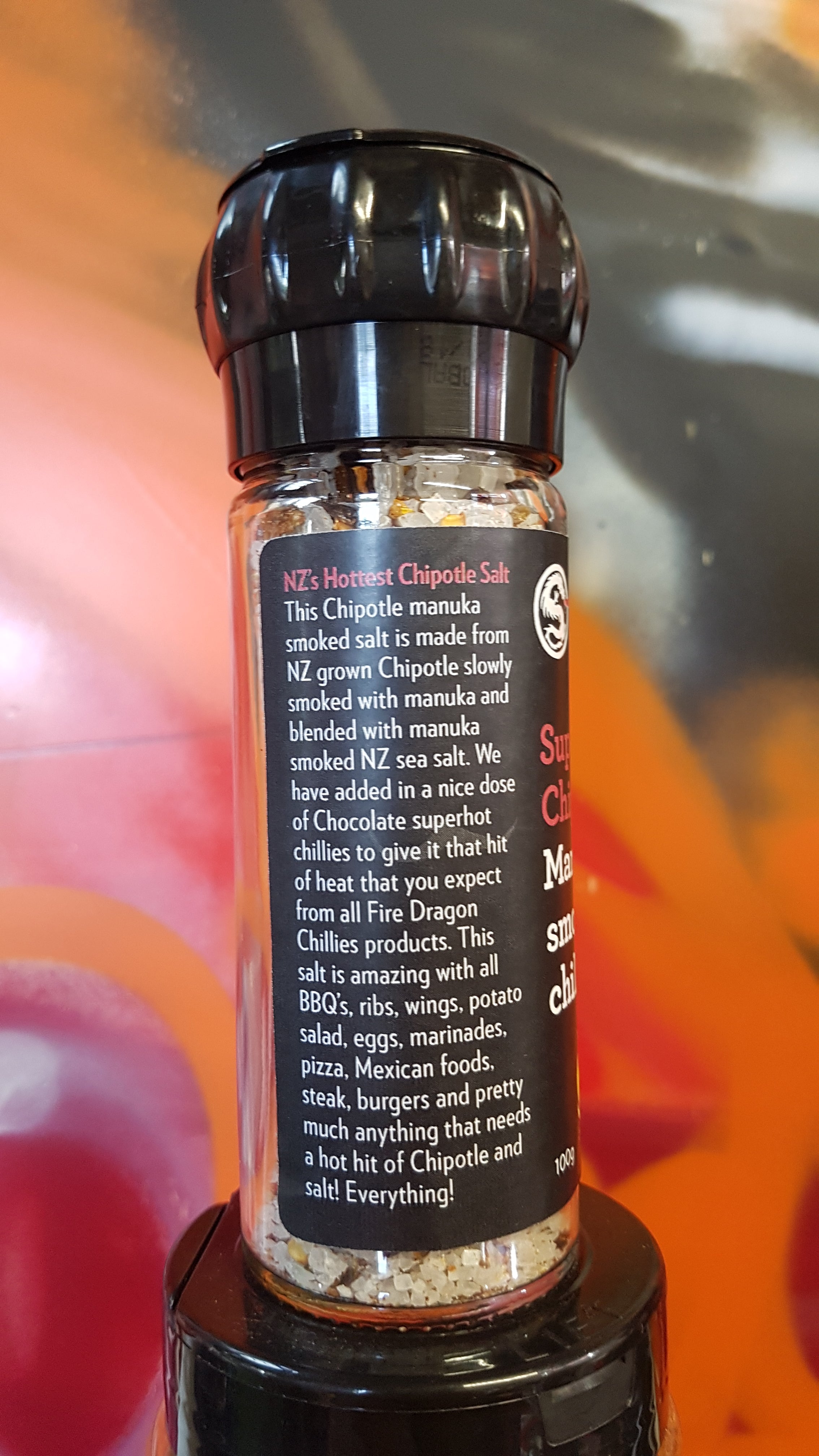 Super Hot Chipotle and Manuka Smoked Salt Grinder 100g by Fire Dragon Chillies